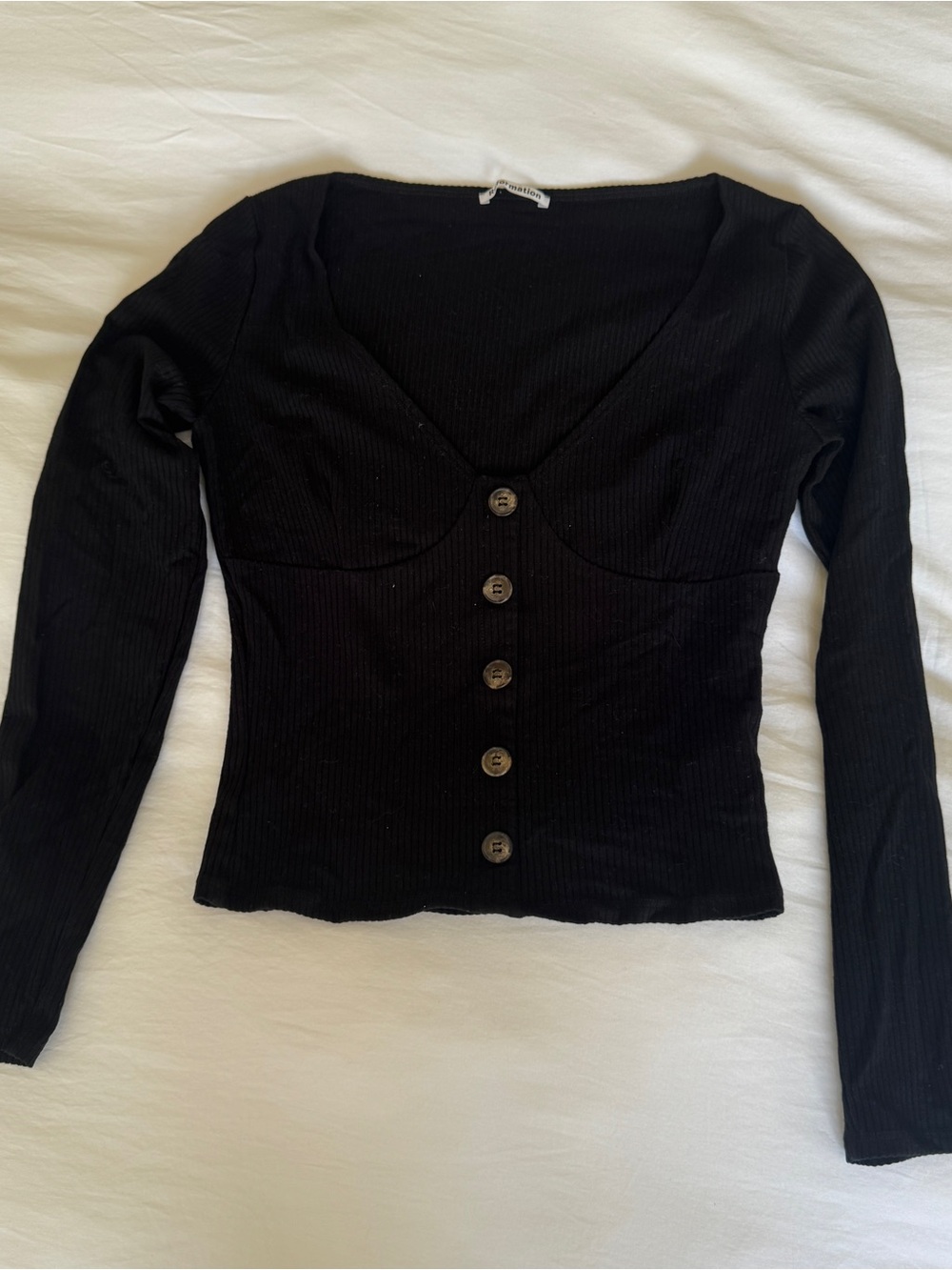 Reformation Black Ribbed Button-Front Long Sleeve Top